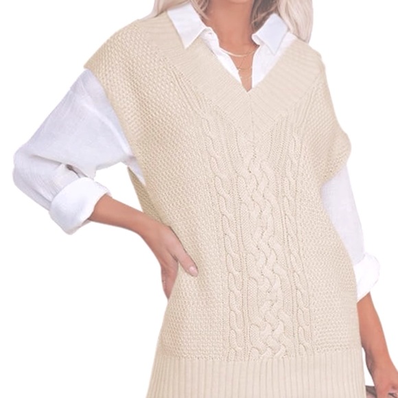 Vintage V-Neck Cable Loose Knit Beige Cream Off White Pullover Sweater Vest - Picture 7 of 8